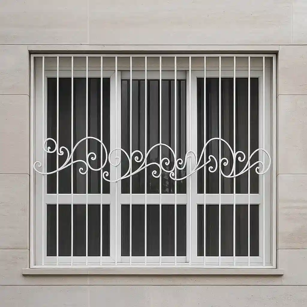 تصویر حفاظ پنجره گل نیلوفری با رنگ سفید و قوس&zwnj;های فرفورژه