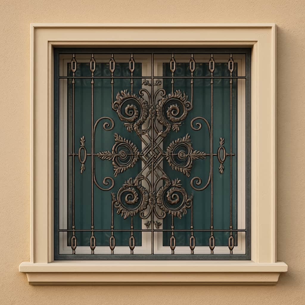 عکس جزئیات تزئینات گل لاله روی حفاظ پنجره فرفورژه