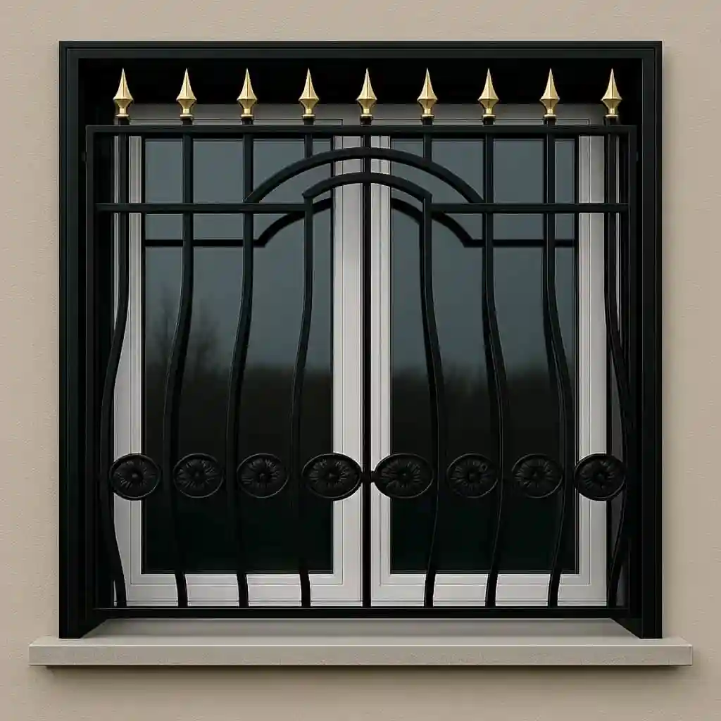 تصویر حفاظ پنجره مدل موج سرنیزه دار با نمای طلایی و مشکی