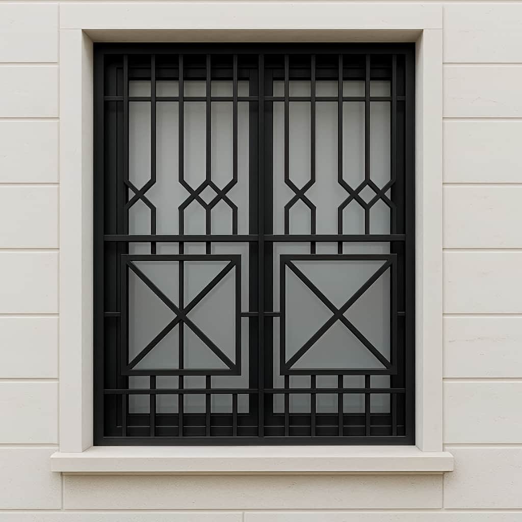 تصویر حفاظ پنجره هندسی مشکی در نمای مدرن