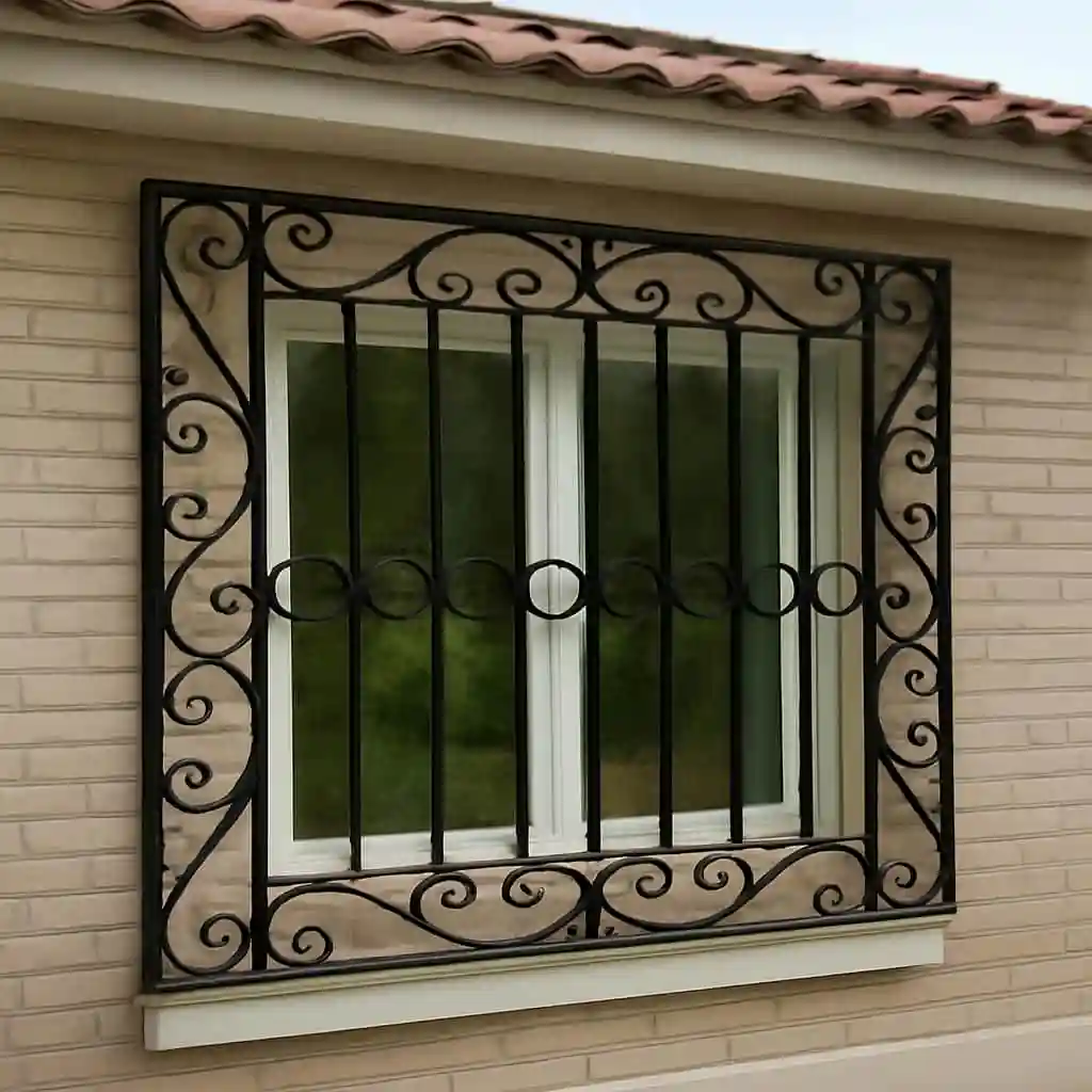 عکس حفاظ پنجره مدل پیچک بهاری با فرفورژه هنری در نمای باغ ویلا