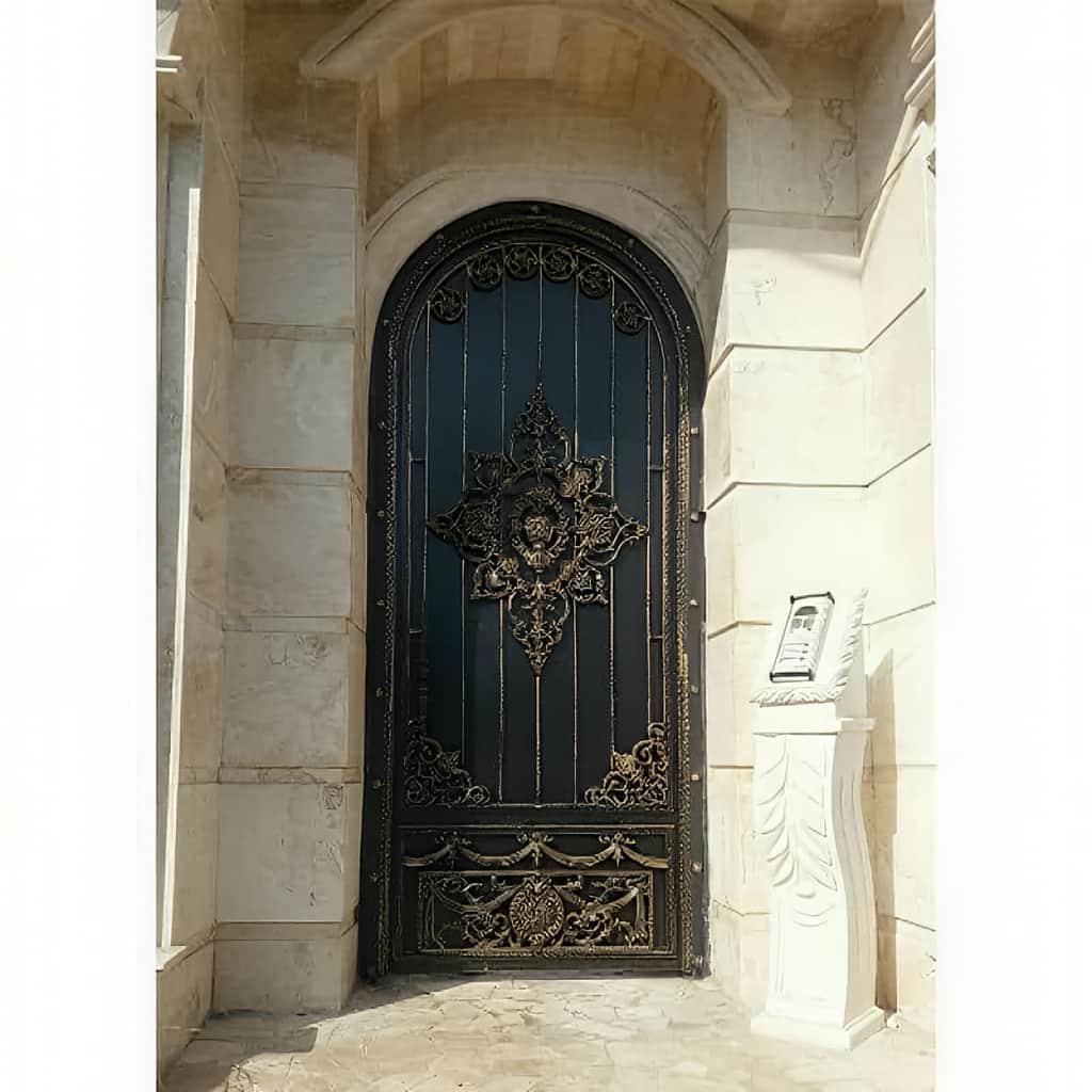 نمای درب گل آرا فلزی نصب شده در ساختمان مدرن