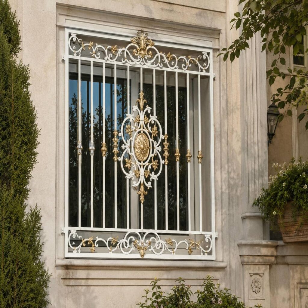 نرده پنجره فرفورژه گل دار با گل مرکزی پروژهمحور