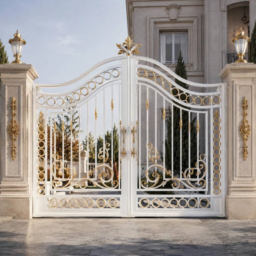 درب حیاط سفید طلایی قاب دار برای ورودی رسمی