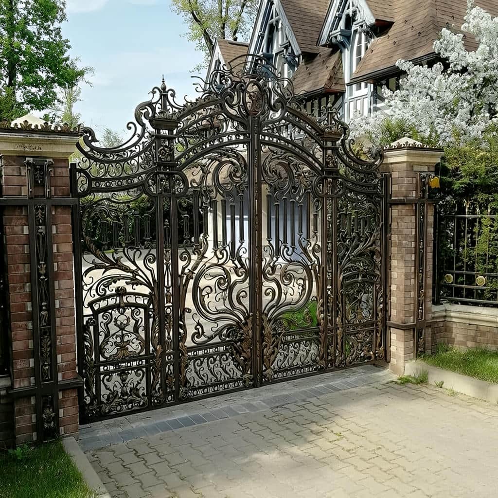 درب پارکینگ فرفورژه نمای رومی گل‌نرده‌دار برای ورودی رسمی