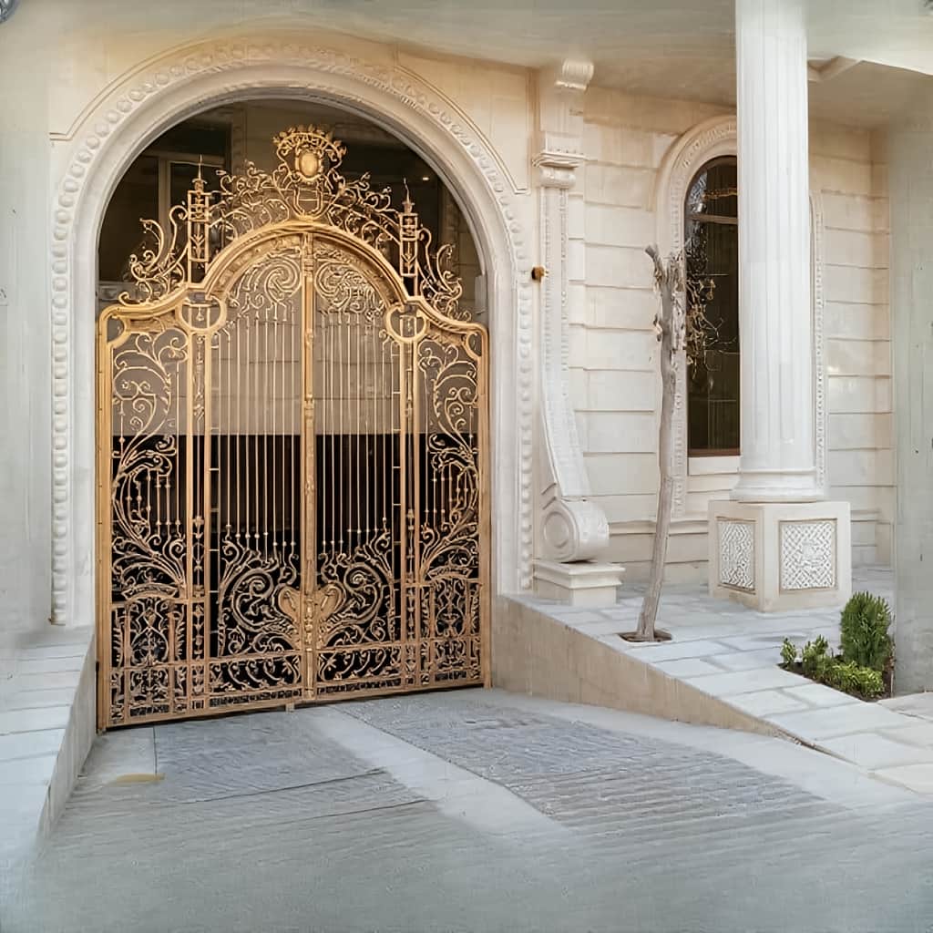 خرید درب فرفورژه گل دار برای ورودی کلاسیک ساختمان