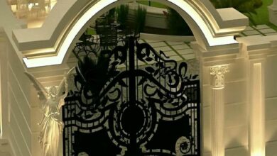 درب حیاط مشکی دولنگه کنار نمای سنگی تهران